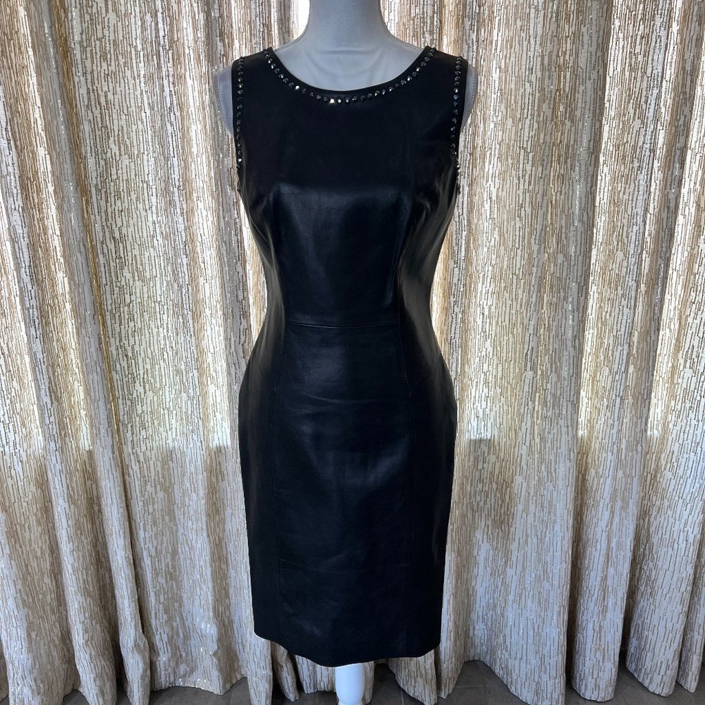 Never worn Versace black leather dress with embellishments